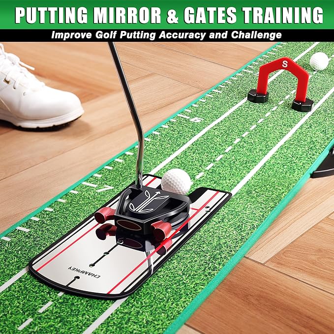 CHAMPKEY Professional Hazard Golf Putting Green Come with Golf Putting Gates and Putting Mirror - Progressive Slope Tech and Noise Reduction Tech Golf Putting Mat