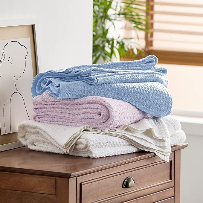 Bedsure 100% Cotton Blanket King Size for Bed - Breathable and Soft, Waffle Weave Blanket for Summer, Thick Cozy Fall Blankets for Women Gift, Sky Blue, 104x90 inches