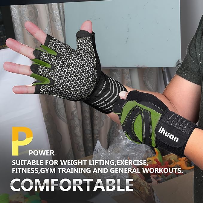 ihuan Ventilated Weight Lifting Gym Workout Gloves with Wrist Wrap Support for Men & Women, Full Palm Protection, for Weightlifting, Training, Fitness, Hanging, Pull ups-FlexoryFit