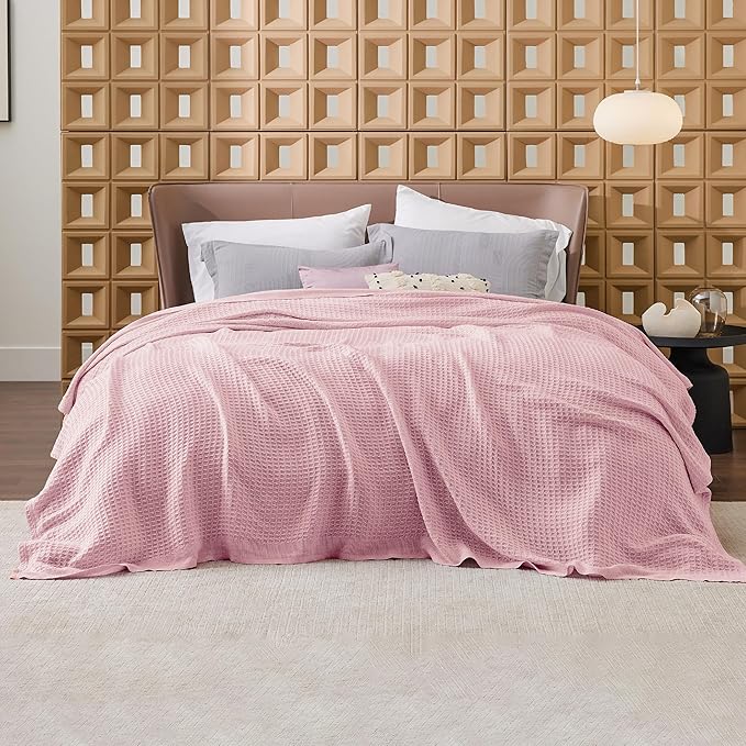 Bedsure 100% Cotton Blanket King Size for Bed - Breathable and Soft, Waffle Weave Blanket for Summer, Thick Cozy Fall Blankets for Women Gift, Pink, 104x90 inches