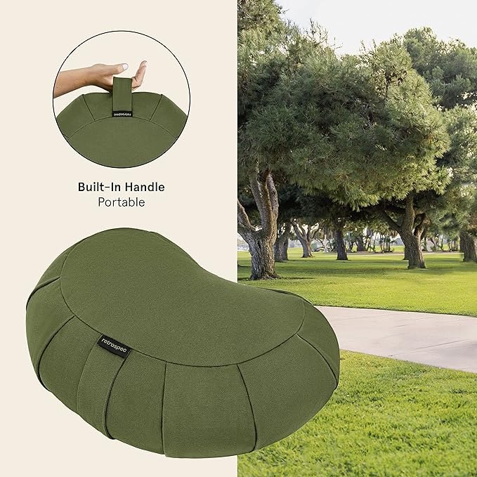 Retrospec Sedona Zafu Meditation Cushion With Buckwheat Hull Fill - Adjustable Yoga & Pilates Support Pillow - 17in Crescent Cotton Cover With Handle-FlexoryFit