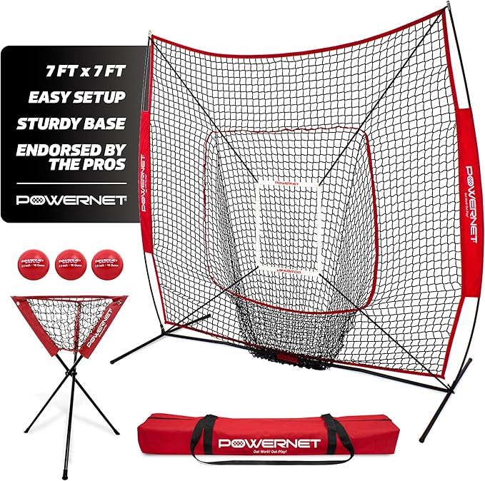 PowerNet Baseball Softball Practice Net 7x7 with Baseball Accessories for Practice Pitching, Batting & Fielding, Ball Caddy, Weighted Baseballs, Tee