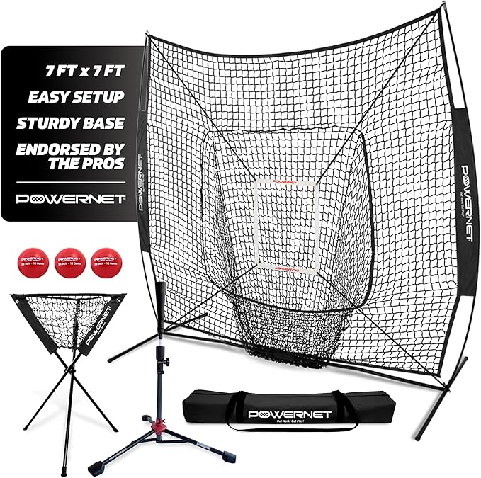 PowerNet Baseball Softball Practice Net 7x7 with Baseball Accessories for Practice Pitching, Batting & Fielding, Ball Caddy, Weighted Baseballs, Tee