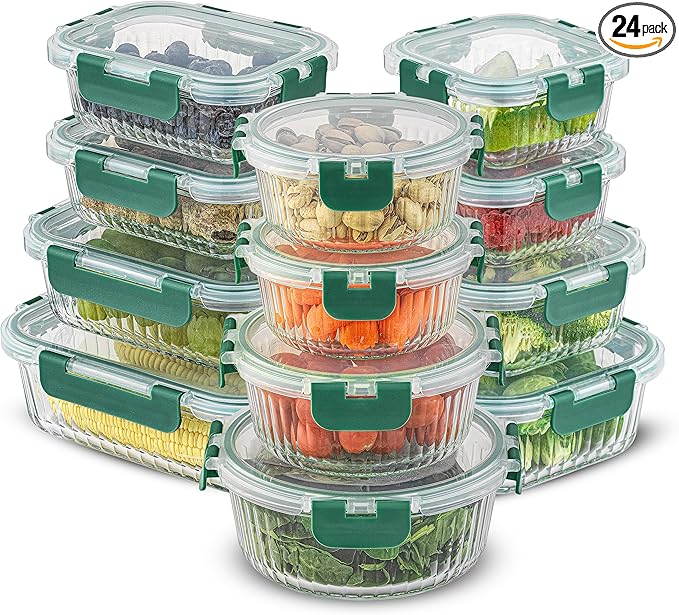 JoyJolt 24pc Borosilicate Glass Storage Containers with Lids | 12 Airtight/Freezer Safe Food Storage Containers for Pantry and Kitchen | Meal Prep Container for Lunch | Glass Tupperware Set-FlexoryFit