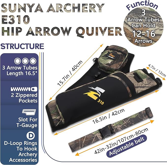 SUNYA Archery Hip Quiver for Arrows. Includes 3 Tubes Arrow Holder, Accessories Pockets and Waist Belt. Fit for Compound and Recurve Bow Practice.