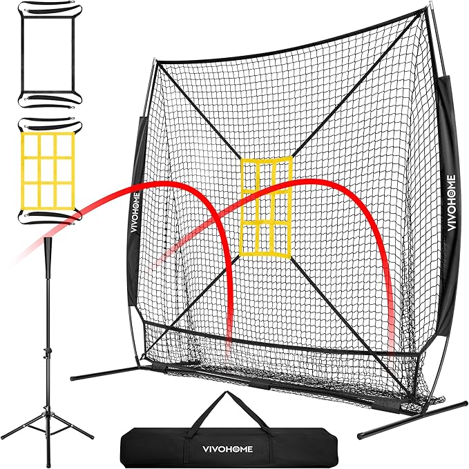 VIVOHOME Baseball Softball Hitting Net with Large Ball Collection System, 7 x 7 ft Baseball Batting Pitching Net with Tee, 2 Strike Zone, Carry Bag