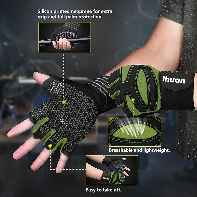 ihuan Ventilated Weight Lifting Gym Workout Gloves with Wrist Wrap Support for Men & Women, Full Palm Protection, for Weightlifting, Training, Fitness, Hanging, Pull ups-FlexoryFit