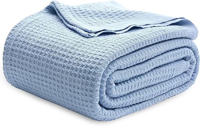 Bedsure 100% Cotton Blanket Queen Size for Bed - Breathable and Soft, Waffle Weave Blanket for Summer, Thick Cozy Fall Blankets for Women Gift, Sky Blue, 90x90 Inches