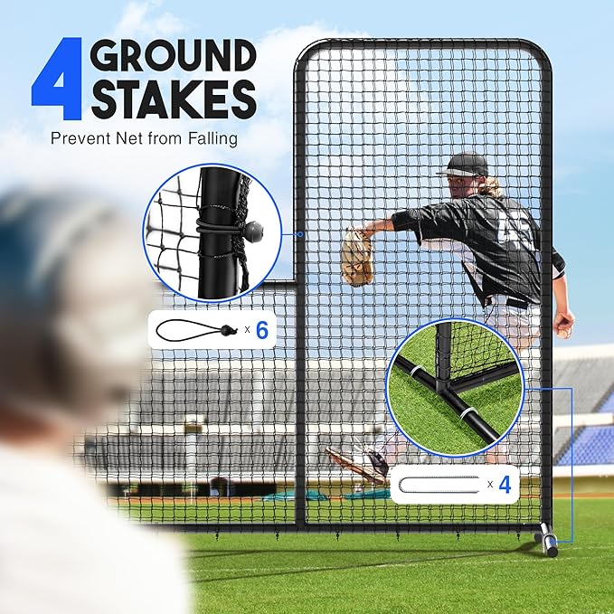 Yes4All Portable L-Screen Baseball 7x7ft with 2 Baseballs, Rubber Wheels - L Screen Baseball for Batting Cage, Protective Pitching Screen Net Double Layers, Carry Bag Included-FlexoryFit