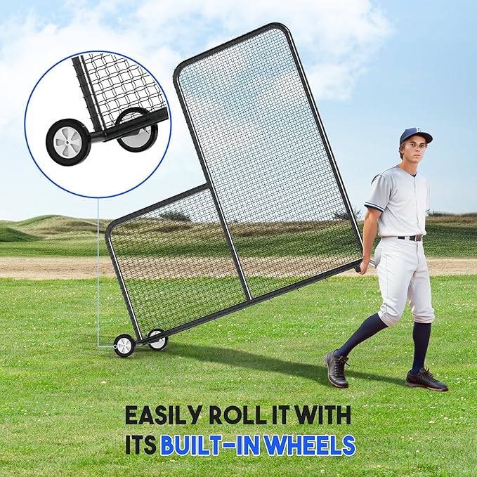 Yes4All Portable L-Screen Baseball 7x7ft with 2 Baseballs, Rubber Wheels - L Screen Baseball for Batting Cage, Protective Pitching Screen Net Double Layers, Carry Bag Included-FlexoryFit