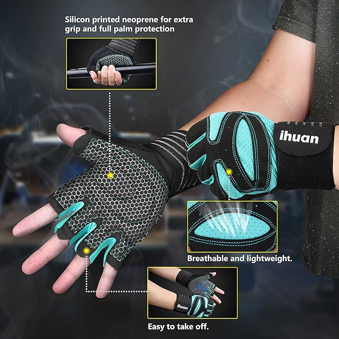 ihuan Ventilated Weight Lifting Gym Workout Gloves with Wrist Wrap Support for Men & Women, Full Palm Protection, for Weightlifting, Training, Fitness, Hanging, Pull ups-FlexoryFit