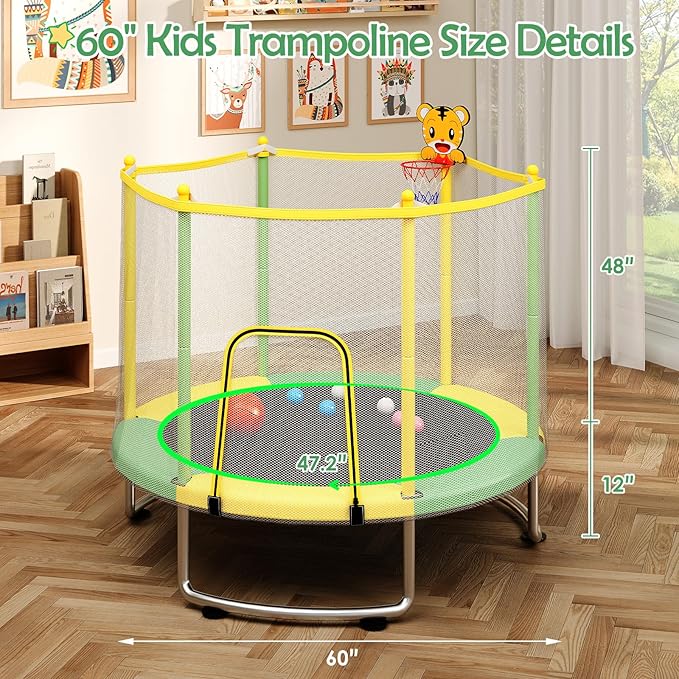 Kids Trampoline with Safety Net – 440lbs Capacity, Upgraded Rust-Proof Ring Legs, Adjustable Gymnastics Bar & Toys – Indoor Outdoor Toddler Trampoline for Boys & Girls Ages 1-8-FlexoryFit