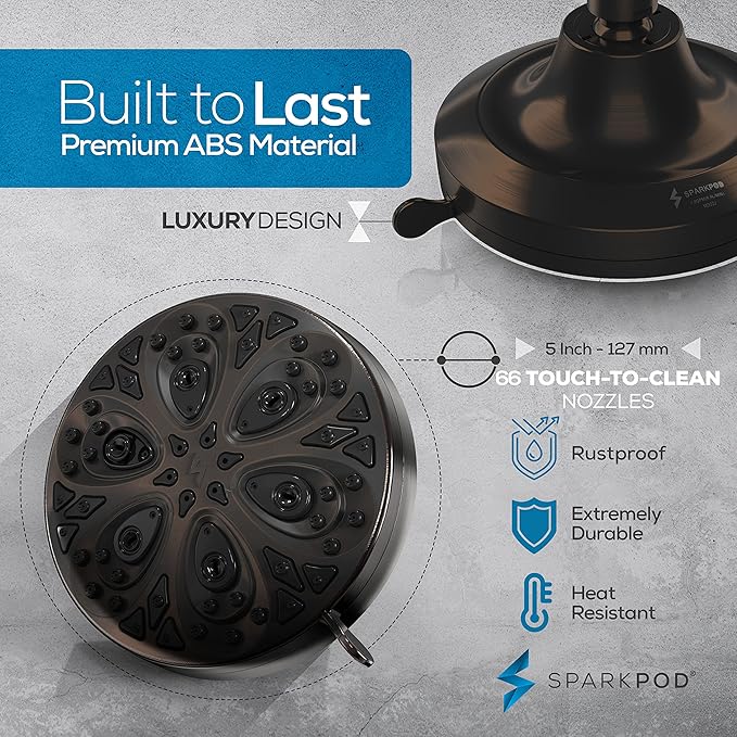 SparkPod 8 Spray Setting Filtered Showerhead - Water Filter Suitable for People with Dry Hair, Skin & Scalp, 5" Shower Head with Enhanced Formula Filter Reduces Chlorine (Oil-Rubbed Bronze)
