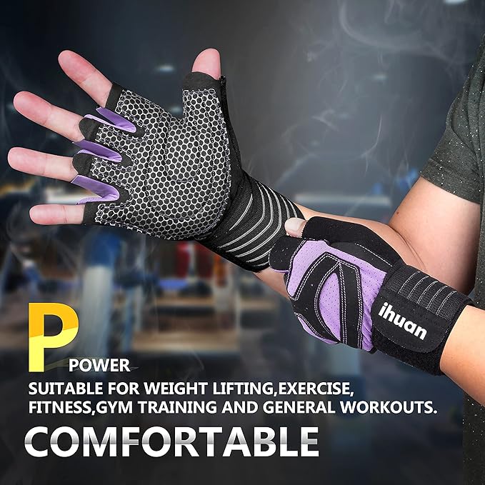 ihuan Ventilated Weight Lifting Gym Workout Gloves with Wrist Wrap Support for Men & Women, Full Palm Protection, for Weightlifting, Training, Fitness, Hanging, Pull ups-FlexoryFit