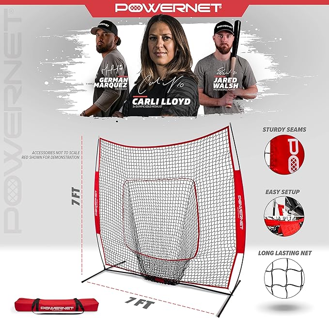 PowerNet Baseball Softball Practice Net 7x7 with Baseball Accessories for Practice Pitching, Batting & Fielding, Ball Caddy, Weighted Baseballs, Tee