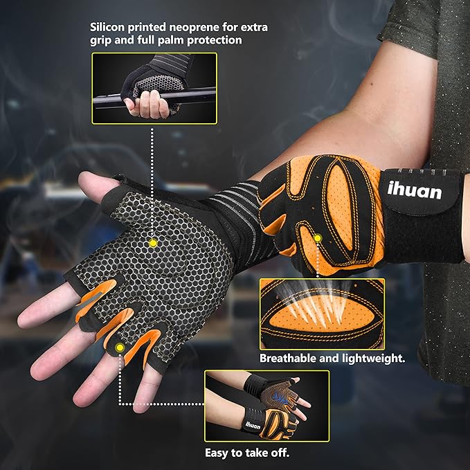 ihuan Ventilated Weight Lifting Gym Workout Gloves with Wrist Wrap Support for Men & Women, Full Palm Protection, for Weightlifting, Training, Fitness, Hanging, Pull ups-FlexoryFit