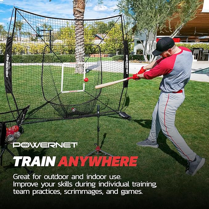PowerNet Baseball Softball Practice Net 7x7 with Baseball Accessories for Practice Pitching, Batting & Fielding, Ball Caddy, Weighted Baseballs, Tee