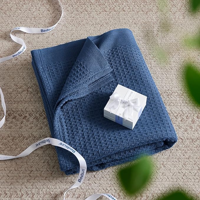 Bedsure 100% Cotton Blanket King Size for Bed - Breathable and Soft, Waffle Weave Blanket for Summer, Thick Cozy Fall Blankets for Women Gift, Navy, 104x90 inches