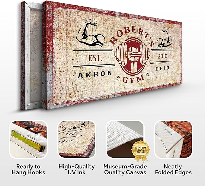 Tailored Canvases Personalized Gym Sign Wall Art Decor - Motivational Canvas for Home Gym, Workout Room, Garage, Fitness Center - Workout Inspirational Posters - One Hand Dumbbell on Rustic Red, 60x30in