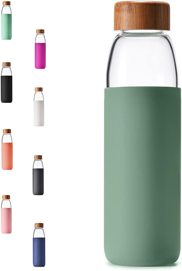 veegoal 18 Oz Borosilicate Glass Water Bottles with Bamboo Lid, BPA-FREE, Non-Slip Silicone Sleeve, and Stainless Steel Leak Proof Lid - Reusable Glass Bottle for Men and Women