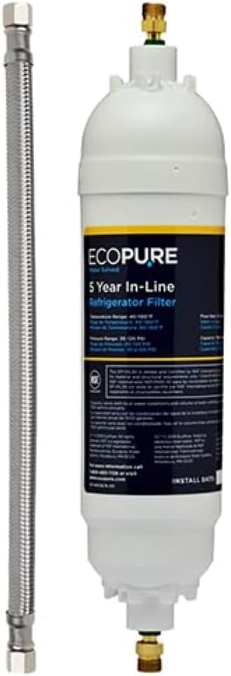 EcoPure EPINL35 Universal In-Line Refrigerator Filter | 5-Year Lifespan | Includes 12” Connection Line & 1/4" Fittings | White