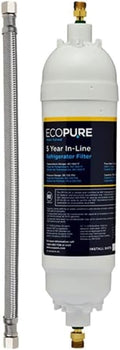 EcoPure EPINL35 Universal In-Line Refrigerator Filter | 5-Year Lifespan | Includes 12” Connection Line & 1/4" Fittings | White
