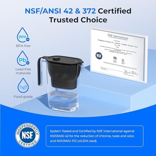 Waterdrop Water Filter Pitcher, 200-Gallon Long-Life, Countertop NSF Certified Water Purifier, Replaces 6,400 Plastic Water Bottles a Year, Reduces Chlorine, PFOA/PFOS, 7-Cup, Black