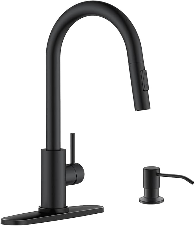 APPASO Black Kitchen Faucet with Soap Dispenser, Matte Black Kitchen Faucet with Pull Down Sprayer, 2-Mode Kitchen Sink Faucets, Modern Kitchen Faucet for RV/Bar Sink, Solid Stainless Steel