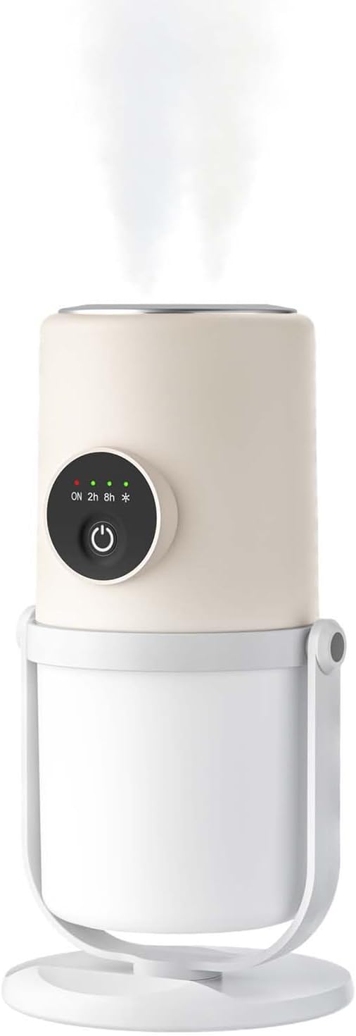 Portable Small Humidifier - Cold Mist Humidifier with 360° Rotating Stand, Stepless Dimming Warm Night Light, 2/8 H Timer Function, Mini humidifier for Bedroom, Plants, Office, and Car
