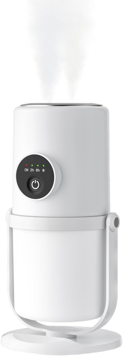 Portable Small Humidifier - Cold Mist Humidifier with 360° Rotating Stand, Stepless Dimming Warm Night Light, 2/8 H Timer Function, Mini humidifier for Bedroom, Plants, Office, and Car (White)