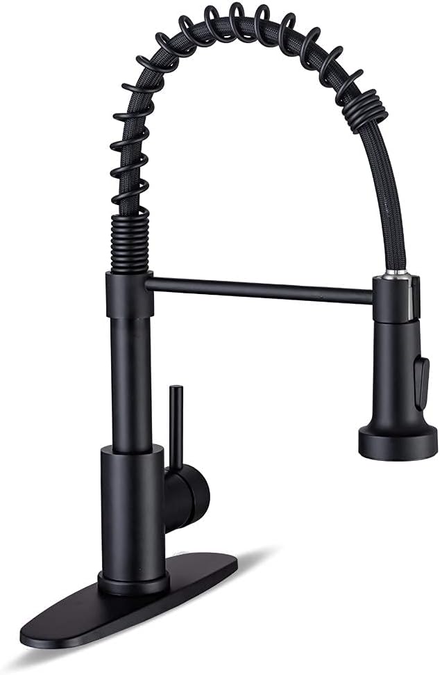 Kitchen Faucets with Pull Down Sprayer Commercial Industrial Stainless Steel Single Handle Single Hole Spring Farmhouse RV Sink Faucet, Matte Black Kitchen Faucet for Laundry Utility Room Sink