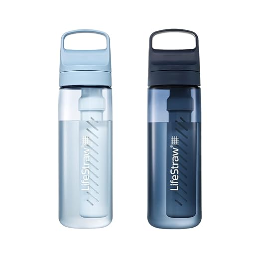 LifeStraw Go Series, BPA-Free Water Bottle for Travel and Everyday Use Removes Bacteria, Parasites, Microplastics, Improves Taste, 22oz 2-Pack; Icelandic Blue and Aegean Sea