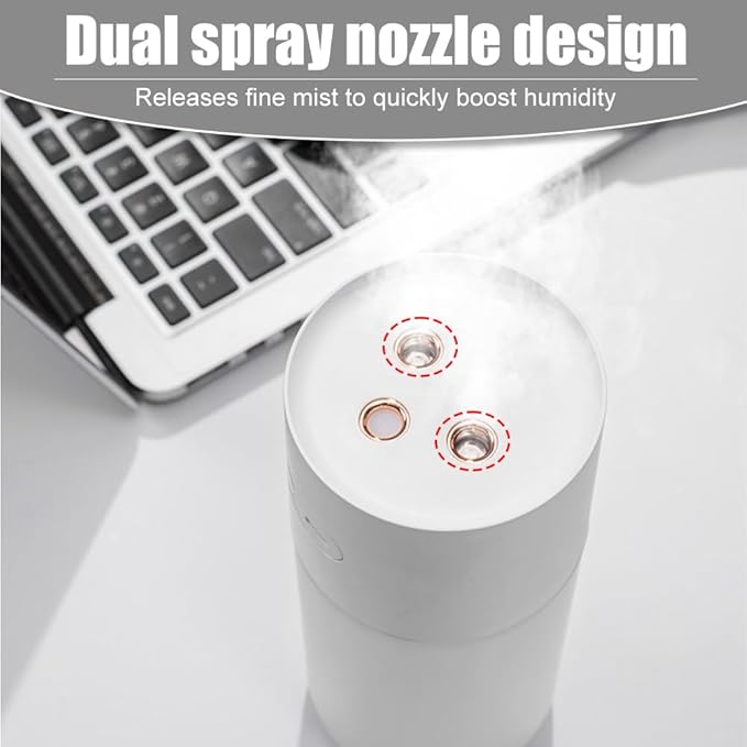 Portable Mini Humidifier, Dual Nozzle Quiet Air Humidifier Desktop Cool Mist Humidifier with Night Light for Bedroom Plants Office Car