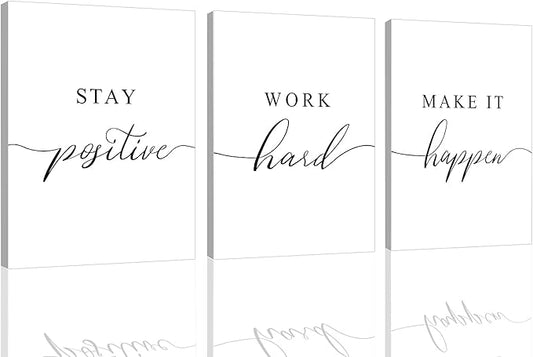 Framed Canvas Wall Art Work Quote, Office Wall Art Decor, Stay positive work hard make it happen, gift for father, boss gift, Inspirational Prints, Motivaional Wall Art (G-3pcs,16x24inchx3pcs)-FlexoryFit