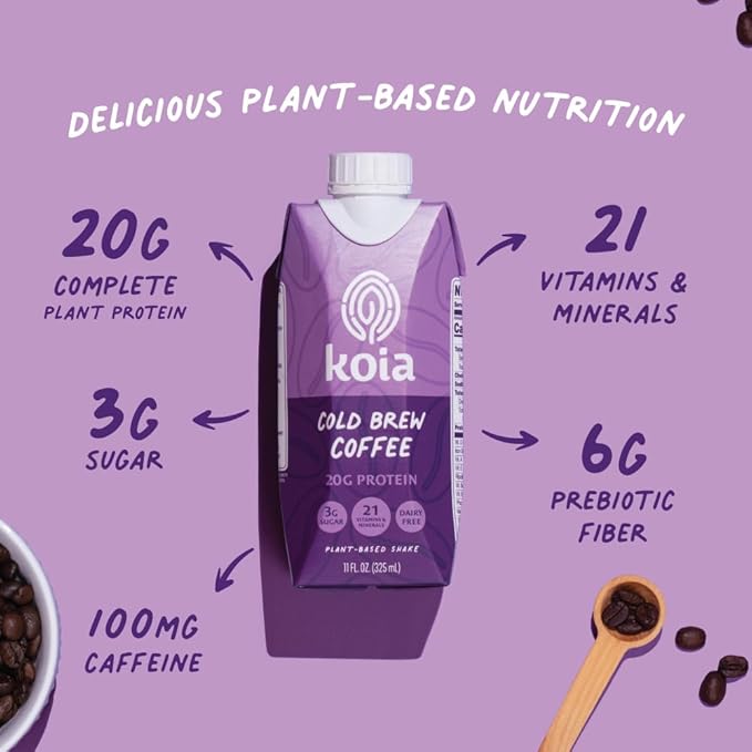 Koia Plant Based Protein Shake, Cold Brew Coffee, 20g Protein, 3g Sugar, 6g Prebiotic Fiber, 21 Vitamins & Minerals, Meal Replacement Drinks, Dairy-Free, Gluten-Free, Non-GMO, 11 Fl Oz (Pack of 12)-FlexoryFit