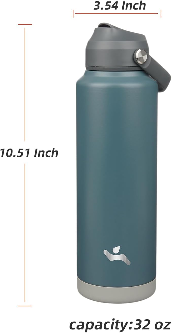Insulated Water Bottle with Straw Lid,40 oz Stainless Steel Vacuum Metal Bottle with Silicone Handle,Dark Gray-FlexoryFit