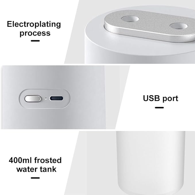 Mini Humidifier, 400ML Portable Air Diffuser with Night Light, Dual Spray Nozzles, 2 Mist Modes, Silent Car Humidifier for Office Home Bedroom