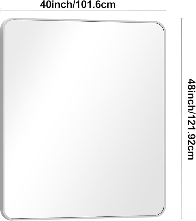 Silver Bathroom Mirror,40x48 inch Wall Mirror for Bathroom Wall Mounted,Rectangle Mirror for Bathroom Over Sink,Modern Frame Round Corner for Living Room,Bedroom Entryway,Horizontal/Vertical