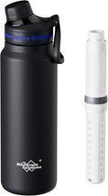 Membrane Solutions C3 Filtered Water Bottle, 32oz Stainless Steel Water Bottle with Replaceable Filter Cartridge, Portable Water Filter, Travel, Hiking & Camping for Drinking Water(Black)