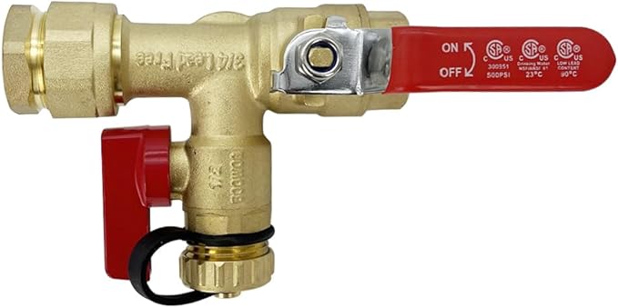 Long Term 3/4 Inch IPS Isolator Tankless Water Heater Service Valve Kit, with Pressure Relief Valve, Clean Brass Construction, PTFE Thread Tape