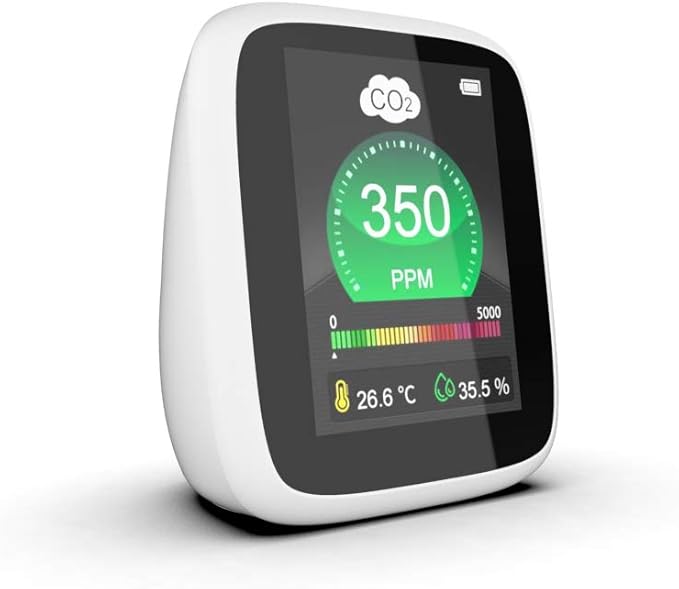 CO2 Carbon Dioxide Air Quality Monitor, Pollution & Ventilation Meter, Tester; Detect & Test Indoor Air Ventilation Levels with CO2 PPM Levels, Temperature and Humidity Sensor Readings on LED Screen