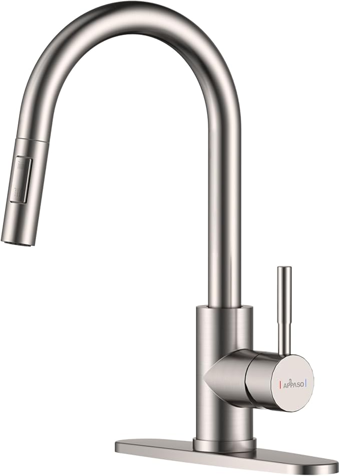 APPASO Kitchen Faucet with Pull Down Brushed Nickel, Single-Handle High Arc Swan-Neck Modern Kitchen Sink Faucet with Optional Deck Plate Stainless Steel, Silver