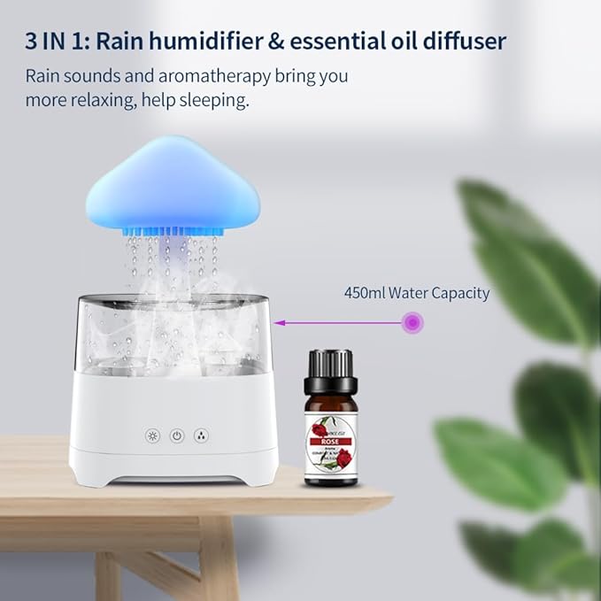 Diffuserlove Rain Diffuser Cloud Humidifier 450ML Diffuser Water Drip Waterfall Lamp Mushroom Humidifier