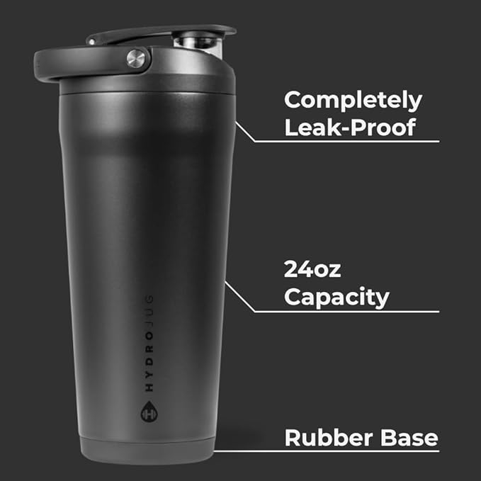 HydroJug 24 oz New Stainless Steel Shaker – Insulated, Leakproof, BPA-Free with Silent Mixing Grate – No Clumps, No Noise – Premium Shaker for Fitness, Sports & Everyday Use, Black