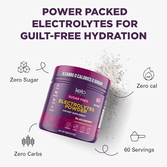 Keto Vitals Antioxidant Electrolytes Powder - Blend Keto Electrolytes with Potassium, Magnesium, Sodium, & Calcium - No Sugar Electrolyte Drink Mix & Hydration Powder, 60 Servings, BlackBerry-FlexoryFit