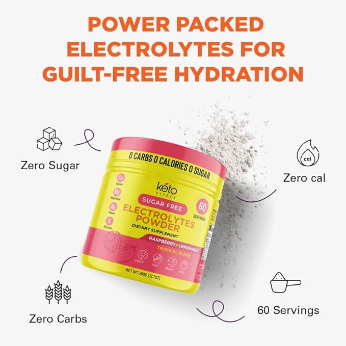 Keto Vitals Electrolytes Powder - Sugar Free Keto Electrolytes Powder with Potassium, Magnesium, Sodium, & Calcium - No Sugar Electrolyte Drink Mix & Hydration Powder, 60 Servings, Raspberry Lemonade-FlexoryFit