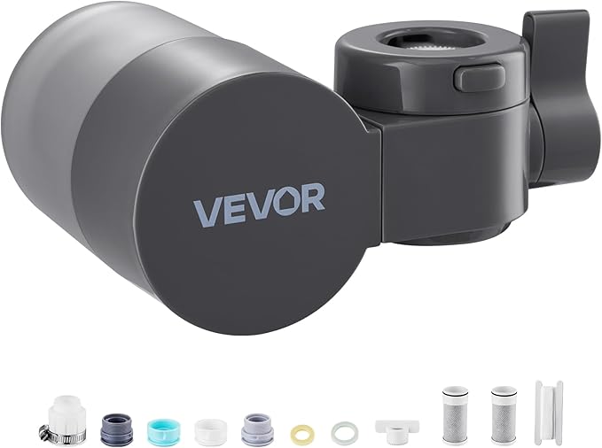 VEVOR Faucet Mount Water Filter, Horizontal Water Purifier for Sink Tap, NSF Certified Carbon Fiber Filter, Removes Chlorine Lead with 3 Filters, Fits Most Kitchen or Bathroom Faucets, Gray