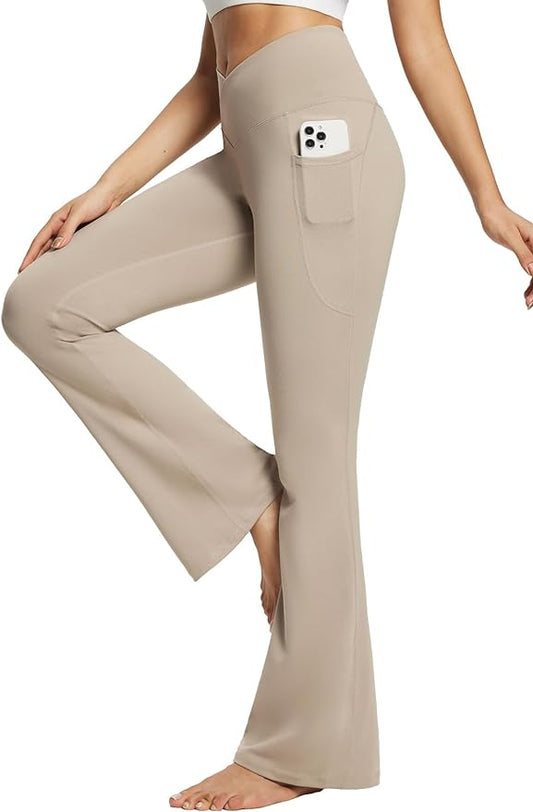 baleaf Women's V Crossover Flare Leggings with Pockets Yoga Pants High Waist Casual Workout Gym Bell Bottom Leggings-FlexoryFit