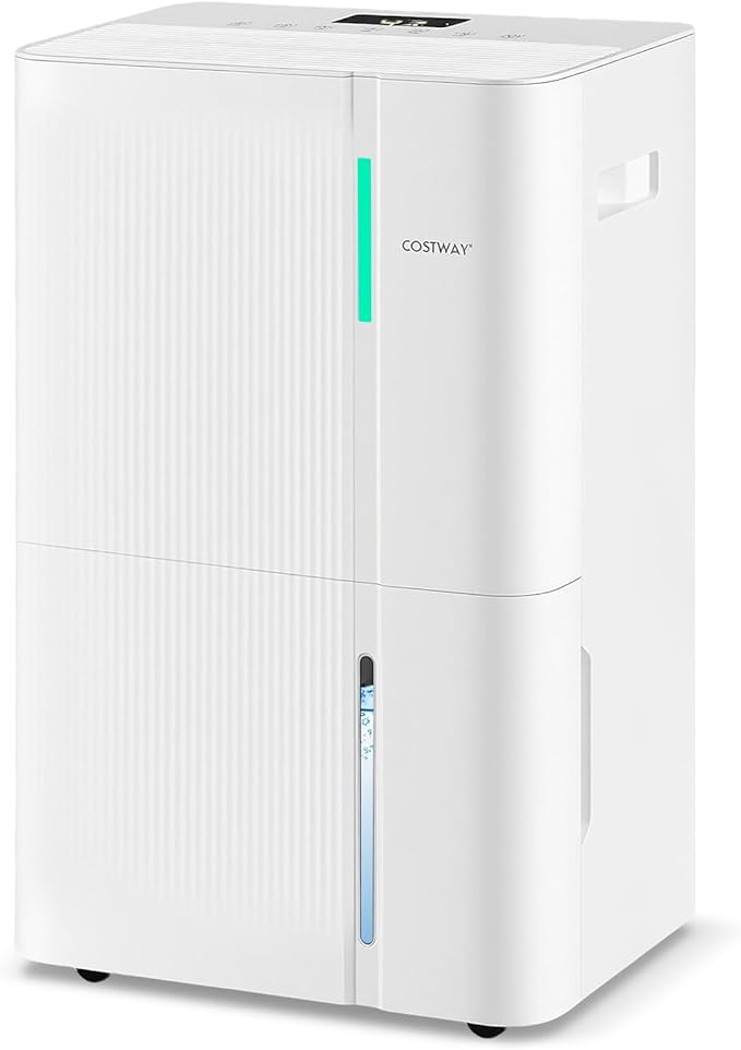 COSTWAY 96 Pints Dehumidifier for Basement, 8000 Sq.Ft Dehumidifier with 24H Timer, 3-Color Indicator, 1.2 Gallon Water Tank, Drain Hose & Wheels for Bathroom, Bedroom