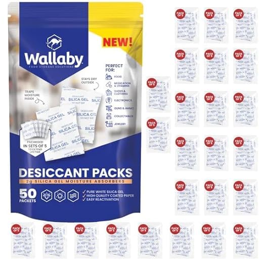 Wallaby 2 gram (50 Packets) Food Safe Pure White Silica Gel Desiccant Dehumidifier Packs - Rechargeable & Coated Moisture Absorbers - Protects Against Moisture Damage - (Packed in 10x Sets of 5)